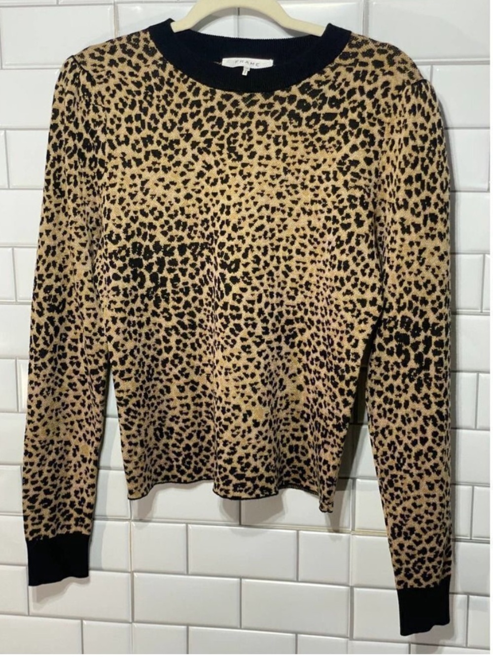 Frame Denim Leopard Print Crewneck Sweater in Tan and Black - Picture 2 of 5